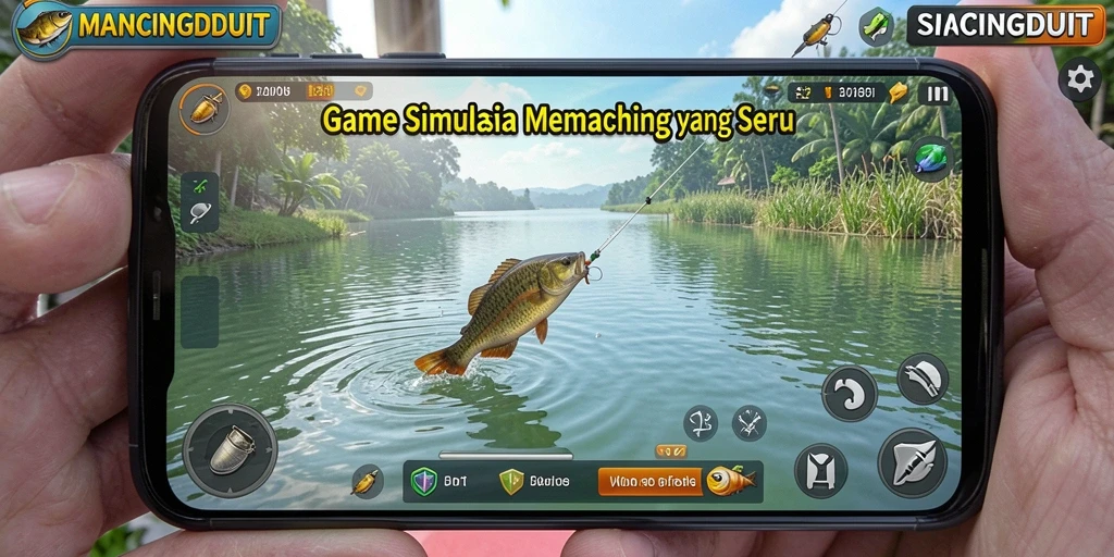 Tampilan gameplay MANCINGDUIT yang menampilkan aktivitas memancing.