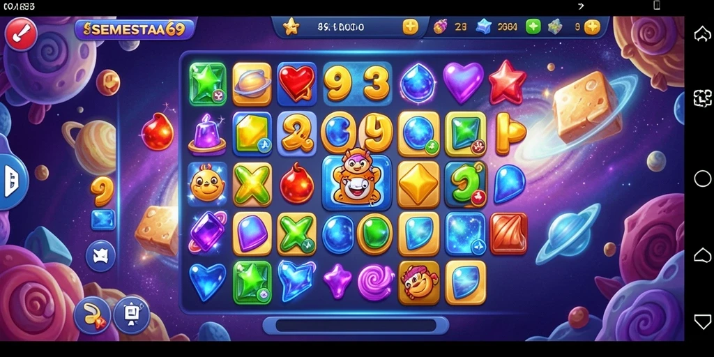 Screenshot gameplay SEMESTA69 yang menunjukkan momen mencocokkan permata.