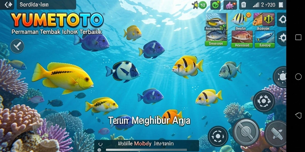 Screenshot gameplay YUMETOTO menampilkan aksi menembak ikan yang seru.
